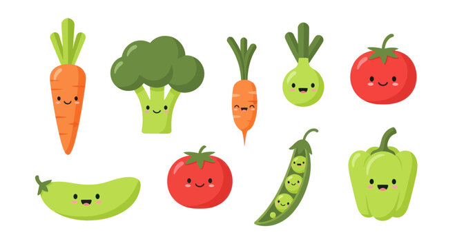 Cute Kawaii Vegetables Collection: Carrot, Broccoli, Tomato, Pepper, Peas, Cucumber