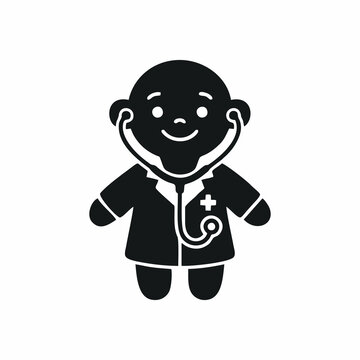Flat Vector Silhouette of a Cute Child Doctor with Stethoscope Isolated on White Background