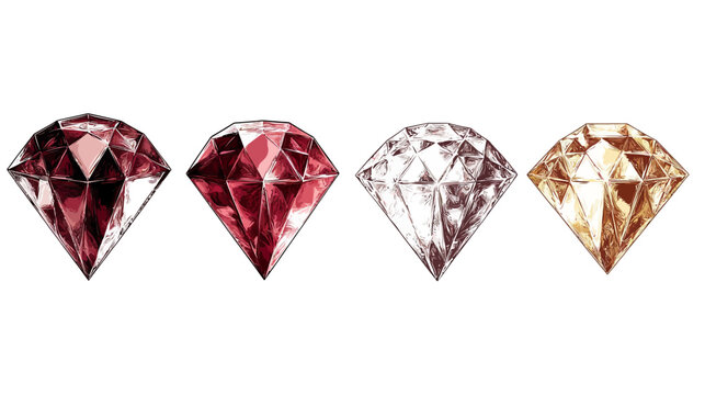 Four stylized gemstones, rendered in various jewel tones against a stark white backdrop