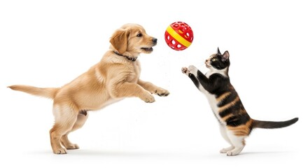Dog and cat playfully jumping for a colorful ball together indoors