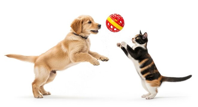 Dog and cat playfully jumping for a colorful ball together indoors