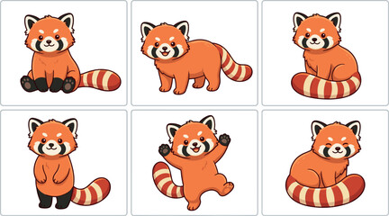 A charming collection of six cute cartoon red panda characters in various playful poses, featuring striped tails and expressive faces, isolated on a clean white background. © MdMojnu