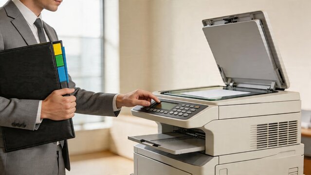 Businessman holding a black folder with colored tabs using office photocopier in corporate environment working on administrative documents office equipment usage