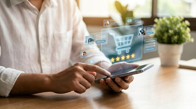 Ecommerce customer review and five star rating concept showing online shopper using smartphone to give feedback about product and service quality representing trust satisfaction brand reputation