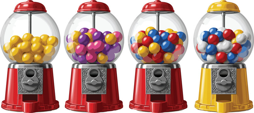 Classic Gumball Machine Collection Featuring Colorful Candy Dispensers with Transparent Glass Globes for Retro Vending Illustration and Sweet Shop Design Concepts