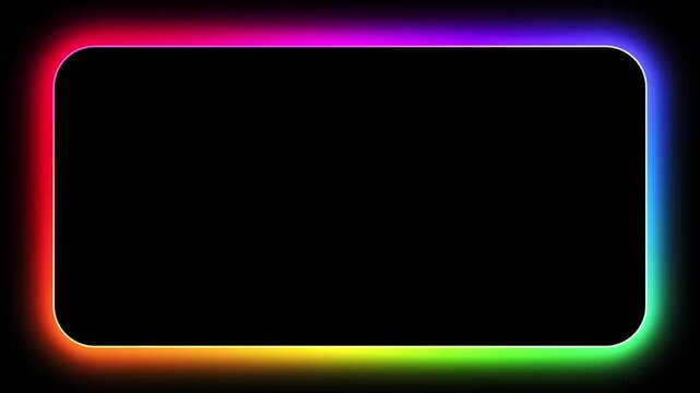 Abstract gradient neon rectangle frame on black background, vibrant rainbow color LED sign for design, animated multicolored laser light spectrum loop presentation, empty futuristic glowing line