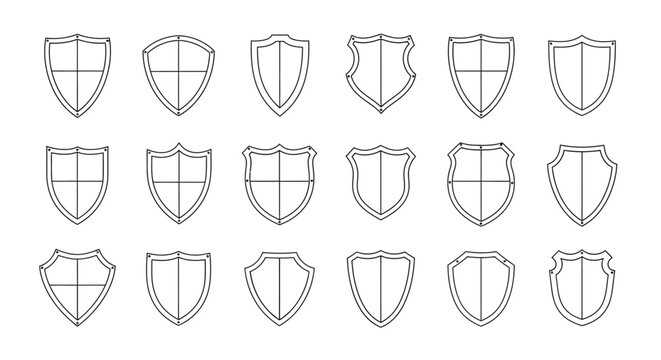 Collection of various shield icons in a grid pattern on a white background