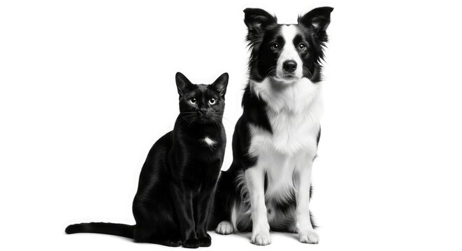A black cat and a border collie dog sit side by side on a plain surface looking forward.