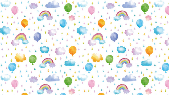 水彩風 かわいい虹と雲と雨と風船のパターン Cute Weather Series:Watercolor-style cute rainbow, clouds, rain, and balloon pattern