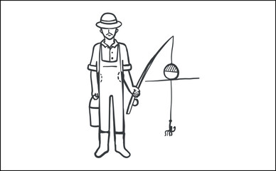 Obraz premium Hand-drawn fisherman vector illustration. Man in hat & overalls holding fishing rod. Minimalist outline sketch for design projects.