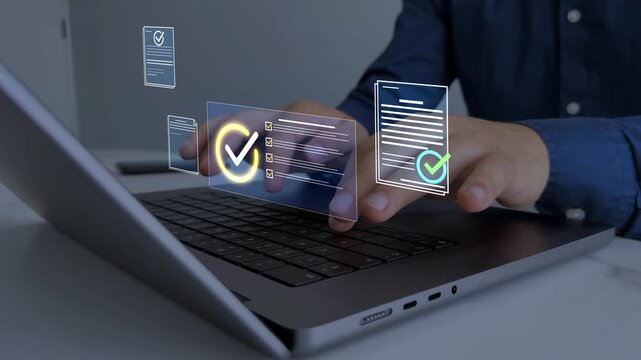 Business approval and verification concept with digital documents, compliance, certification and secure workflow. Modern system for validation, authentication and quality control.