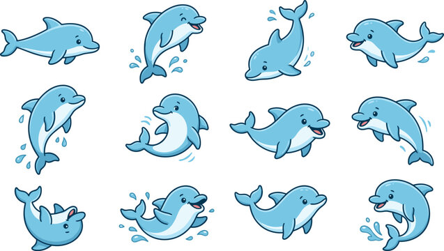 A charming collection of twelve cute cartoon dolphin characters in various playful swimming and jumping poses, featuring expressive faces and splashing water effects isolated on white.