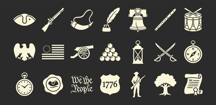 American Revolutionary War flat vector icons for historical education and heritage branding