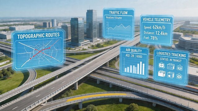 Smart city traffic flow monitoring system with holographic data interface futuristic urban infrastructure technology realtime logistics tracking overlay green city environment
