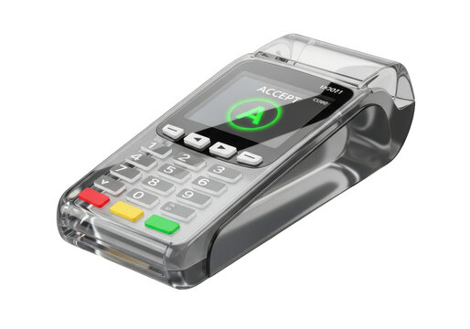Modern credit card payment terminal for contactless transactions in a retail store isolated on transparent background