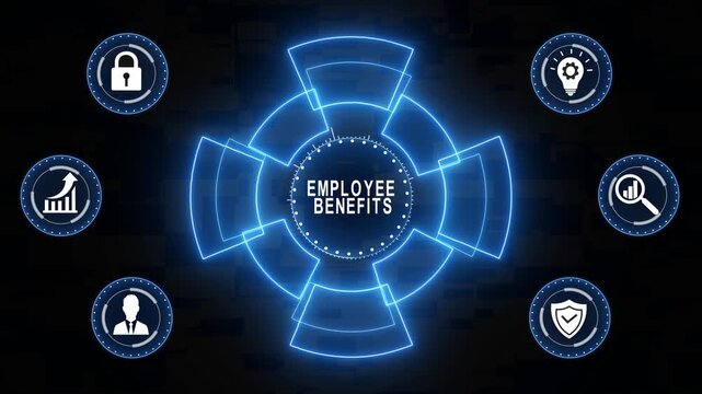 Digital employee benefits concept with glowing hud interface featuring corporate for human resources, payroll management, development, and workplace security solutions