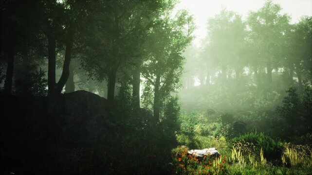 Hidden forest clearing with sunlit resting log, mosscovered stones, scattered wildflowers, sense of refuge and slow living retreat in wilderness.