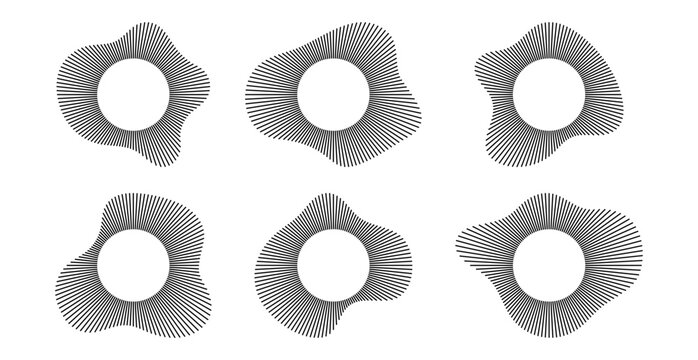 Sound wave pattern with circular lines creating music rhythm. Abstract radial design with concentric rings and geometric burst effect on white background
