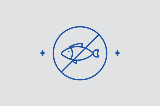 No fish line icon for identifying seafood protein allergies and dietary limitations. Regulatory vector illustration for food manufacturing labels and kitchen safety documentation.