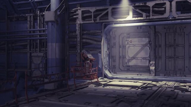 Narrow service catwalk beside heavy bulkhead with hanging cables, spotlighted patch of floor, shadowed structural columns and industrial hush.