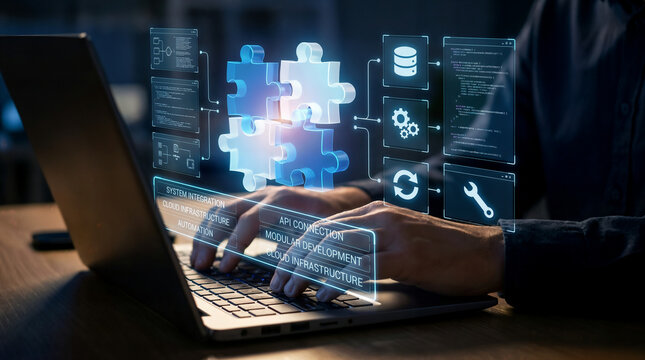 Low-code or no-code development platform. Solutions for creating software without coding. Business person using a laptop to build applications.
