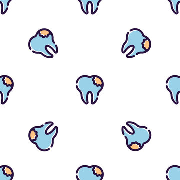 Pattern of cartoon blue teeth with decay isolated on transparent background