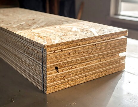 Stacked oriented strand board, close-up, woodgrain textures in natural light