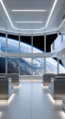 Obraz premium Futuristic spaceship interior with panoramic view of Earth from orbit, advanced technology and luxury travel concept