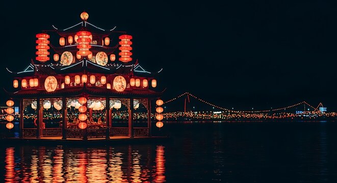 Traditional Chinese Pavilion Illuminated by Red Lanterns at Night Reflecting on Water with City Lights in Background