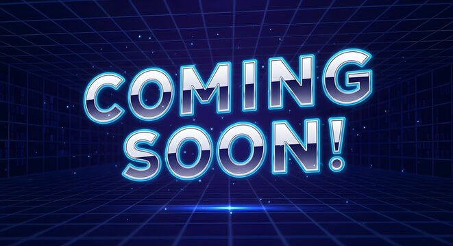 Coming Soon neon text sign on a retro futuristic digital grid background