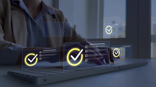 Business approval and verification concept with digital documents, compliance, certification and secure workflow. Modern system for validation, authentication and quality control.