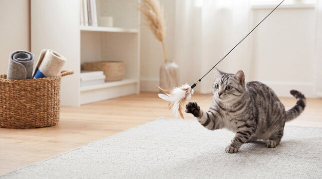 Tabby cat playing with a feather teaser toy on the home floor. Active pet activity in a living room. Concept of animal care, entertainment and feline training for pet owners at home.