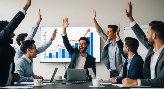 Business team celebrating a successful meeting with a high five gesture, with growth charts displayed on a large screen in the background.