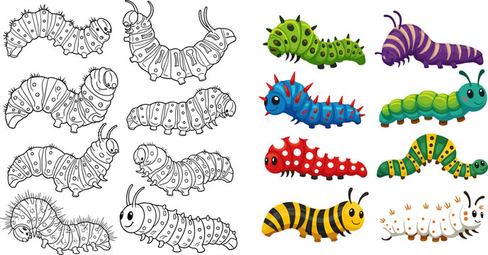
Colorful cartoon caterpillar character set featuring outline, sketch and vibrant multicolor larva worm designs on isolated background