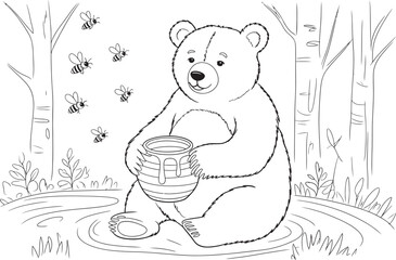 Bear holding pot of honey with bees flying around forest background vector. © Ibrahim Khalal