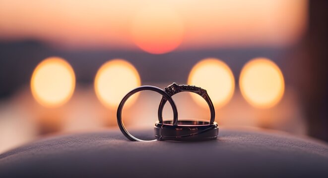 Wedding rings on a railing at sunset with blurred lights couple love marriage