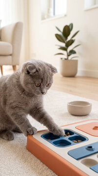 Scottish Fold kitten playing with puzzle toy in sunny living room. Interactive feeder for indoor pet enrichment and cat training. Mental stimulation activity for small feline animal.