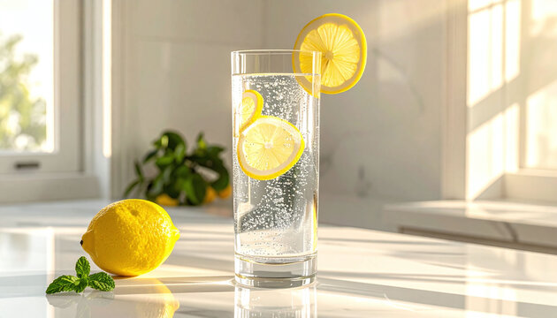 Refreshing tall glass of sparkling lemon water on a sunlit kitchen counter. This bright, airy image evokes health and hydration, ideal for wellness blogs or beverage lifestyle branding.