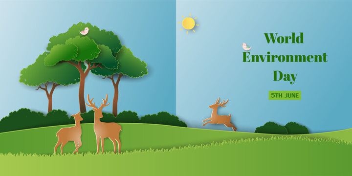 Poster campaign of world environment day,paper cut tree and animals on blue background