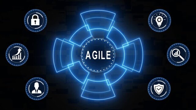 Agile project management digital interface with glowing hud business strategy software development workflow concept, corporate technology background animation