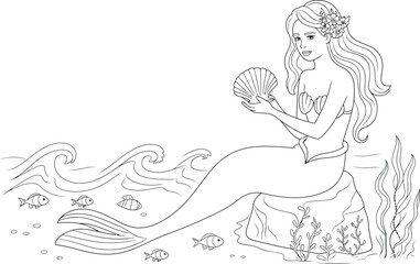 Fototapeta premium Beautiful mermaid holding shell sitting on rock underwater with fish and seaweed line art.
