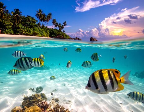 Split-level image showcasing underwater coral and fish, a tropical island, and sky