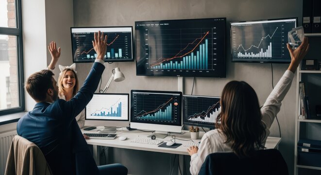 Financial analysts and traders collaborating in an office environment, observing stock market data and growth charts on multiple screens.