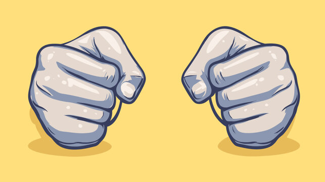 A symmetrical cartoon illustration depicting two clenched fists, placed on a yellow background