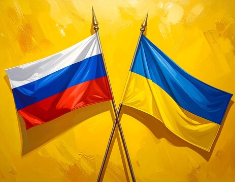 Symbolic painting of Russian and Ukrainian flags crossed against a yellow backdrop