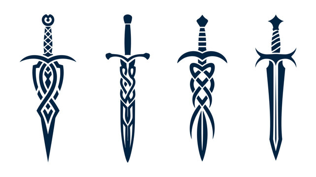 Set of four ornate medieval swords dark blue graphic design medieval illustration adventure decorative