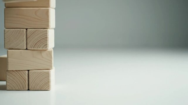 Wooden building blocks stacked and manipulated on a clean surface in a well-lit indoor setting