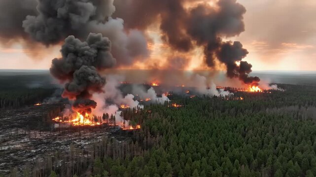 An aerial view captures a devastating wildfire raging through a dense forest, sending plumes of smoke into the sky and leaving a trail of scorched earth.
