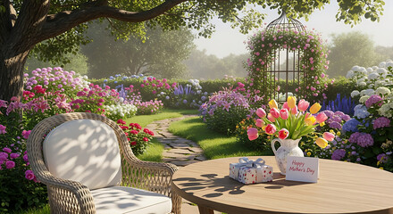 Fototapeta premium Cozy outdoor seating area with a table and chair in a vibrant garden.