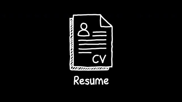 Hand drawn sketch illustration of a resume CV document with profile outline for job application and recruitment, 4k animated video, alpha transparent video